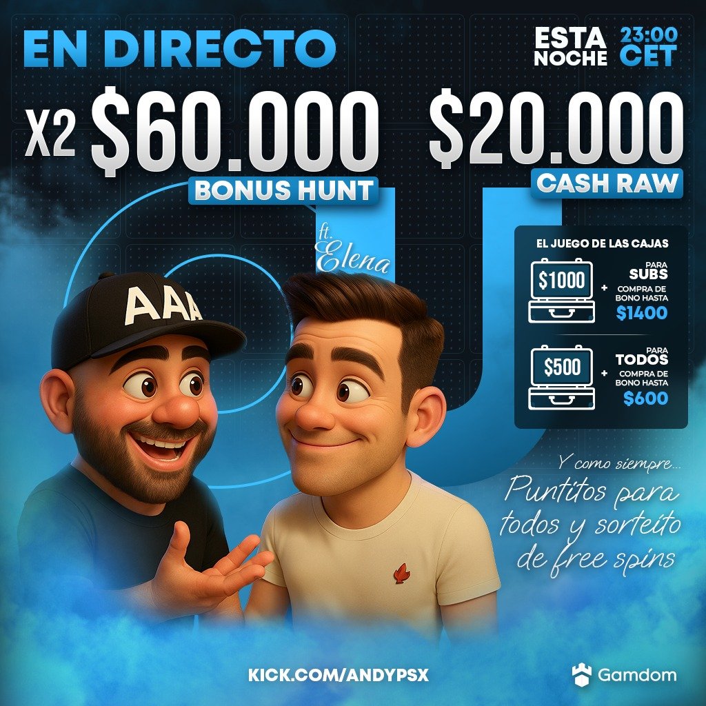 23:00 CEST STREAM CON ELENA !  kick.com/andypsx                                                                                                              

SORTEOS DIARIOS CON MAS DE 5000$  GARANTIZADOS EN PREMIOS TODAS LAS NOCHES !