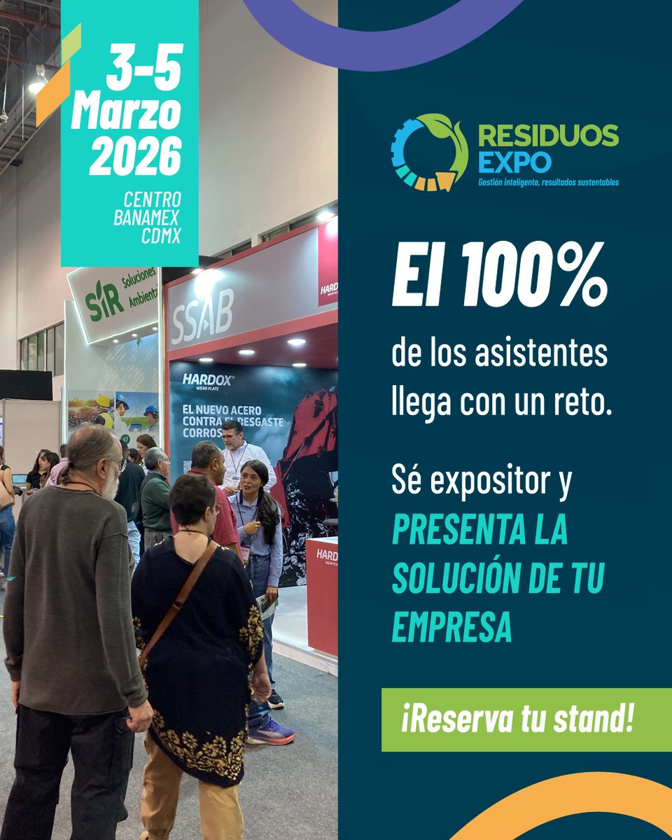 Todos los asistentes llegan con un problema que tu empresa puede resolver.
¿Tu solución ya está registrada en el piso de exhibición? Sé parte de los líderes en Residuos Expo 2026.

🔍 Visita bit.ly/4kt58tl para más información.

#sostenibilidad #RESIDUOSEXPO2026