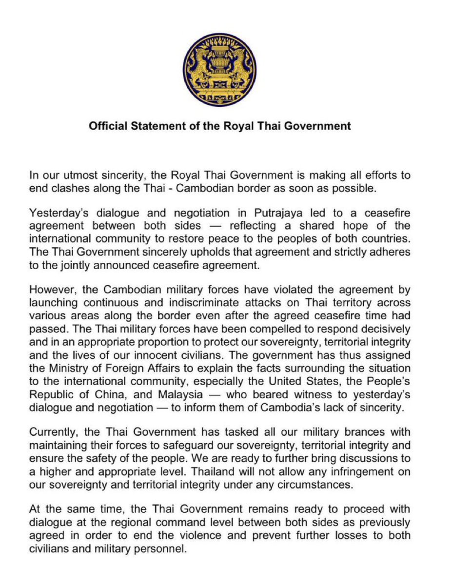 BREAKING:

Thailand issues an official statement on Cambodia’s decision to break the ceasefire by attacking Thai territory again.

Thailand will inform the U.S. and China about “Cambodia’s lack of sincerity”
