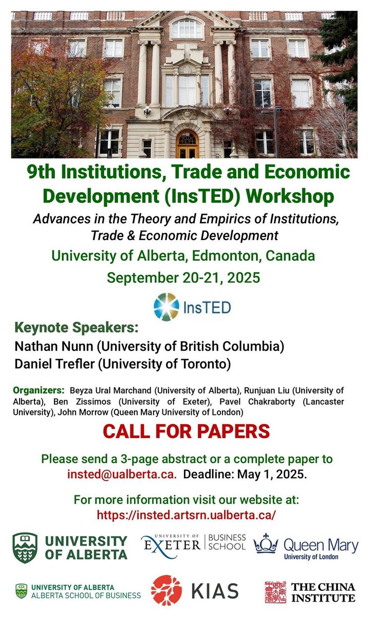 JayHyunEcon's tweet photo. The 9th #InsTED Workshop will be held at @UAlbertaBiz @UAlberta on Sept 20-21, co-hosted by Business Econ group of ASB and @UofA_Econ.
Keynotes:
Prof. Nathan Nunn (@ubcVSE)
Prof. Daniel Trefler (@rotmanschool)
Link: https://t.co/yVr6sM7B4z https://t.co/PSiIrizxqc