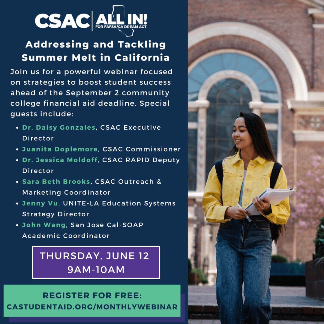 OneFuture CV (@onefuturecv) on Twitter photo Join <a href="/castudentaid/">CA Student Aid Commission</a> on Aug 7 from 9-10AM for the π» All In and Ready webinar: "Serving CA Students and Families."
π Speakers from <a href="/FAFSA/">Federal Student Aid</a> & <a href="/LAValleyCollege/">LA Valley College</a>
π Budget & data updates
β³ Sept 2 CC deadline is approaching!
π Register: castudentaid.org/augustallin
#CSAC #FAFSA #CADAA Join <a href="/castudentaid/">CA Student Aid Commission</a> on Aug 7 from 9-10AM for the π» All In and Ready webinar: "Serving CA Students and Families."
π Speakers from <a href="/FAFSA/">Federal Student Aid</a> & <a href="/LAValleyCollege/">LA Valley College</a>
π Budget & data updates
β³ Sept 2 CC deadline is approaching!
π Register: castudentaid.org/augustallin
#CSAC #FAFSA #CADAA