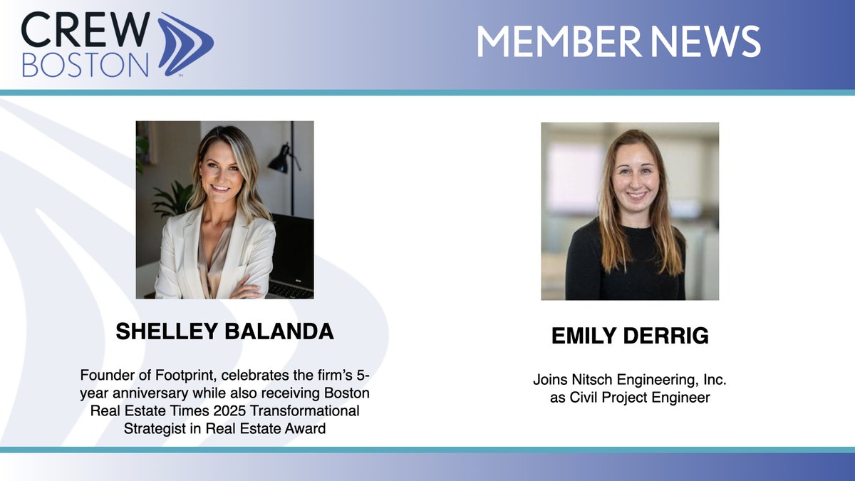 Congratulations to CREW Boston members Shelley Balanda &amp; Emily Derrig! Did you start a new position, receive a promotion, win a project or award, or have something else to celebrate? We want to hear all about it! Share your news with us on our website!  crewboston.org/News/Member-Ne…