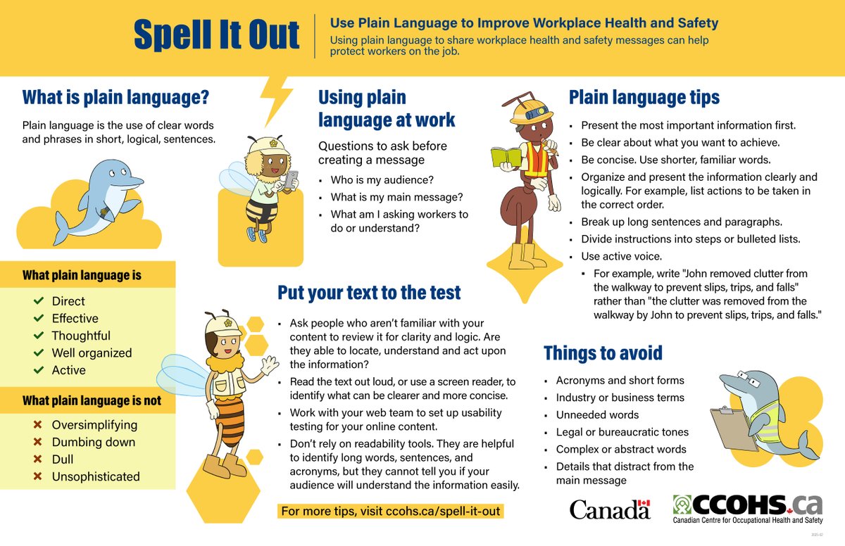 CCOHS's tweet image. Use plain language to help everyone understand how to safely follow instructions and report hazards on the job. Check out our free plain language toolkit: ccohs.ca/spell-it-out

#PlainLanguageTips