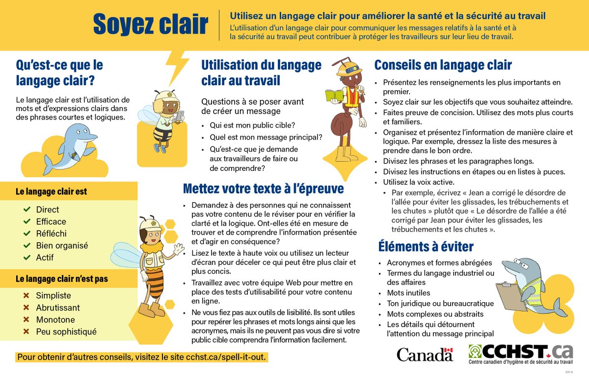 Utilisez un langage simple pour aider chaque personne à comprendre comment suivre les instructions en toute sécurité et à signaler les dangers au travail. Consultez notre boîte à outils gratuite sur le langage clair : cchst.ca/spell-it-out

#ConseilsLangageClair