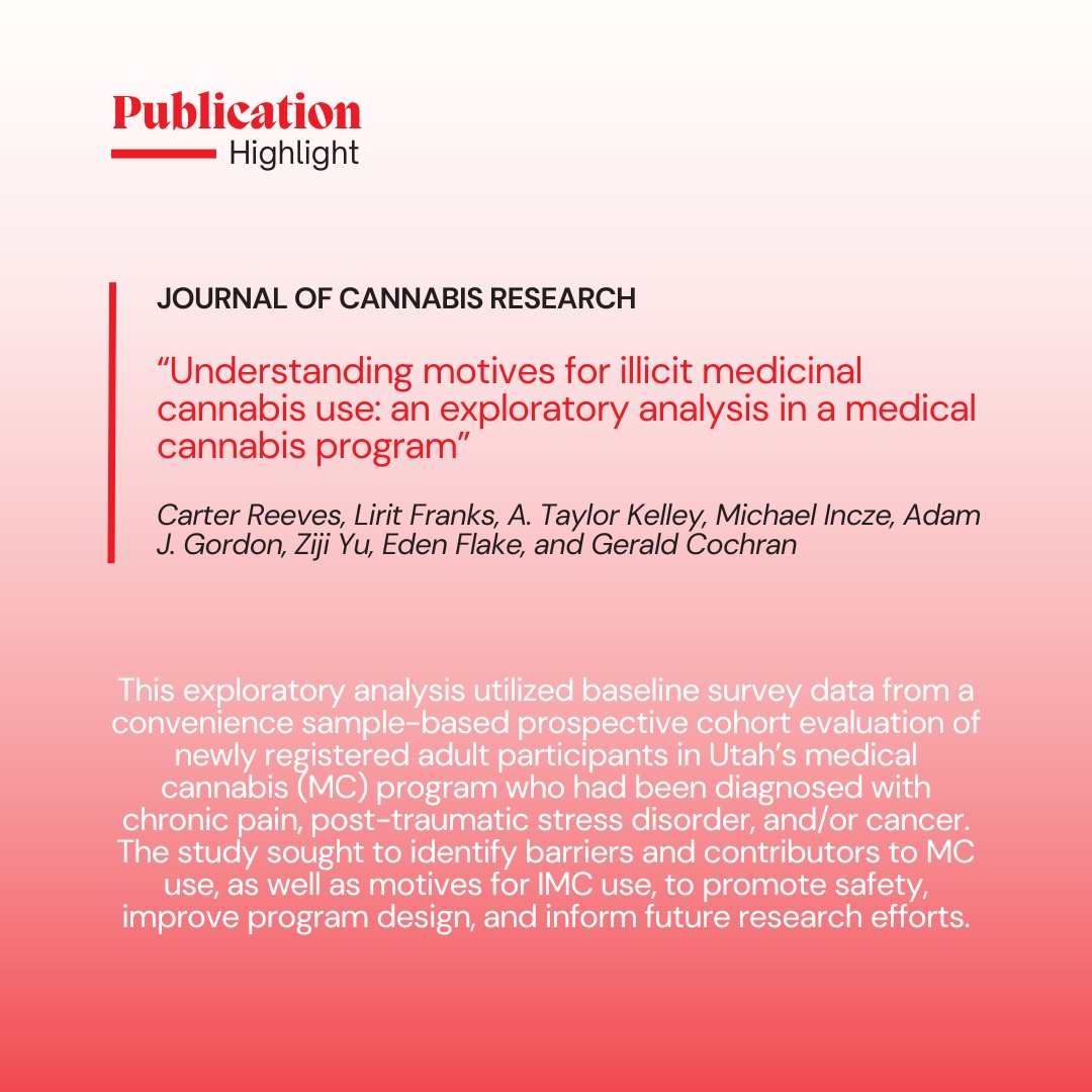PARCKA (@uofu_parcka) on Twitter photo ๐ Exploring Utah's Medical Cannabis Program๐ฟ
๐ Our goal? To uncover the barriers, contributors, and motivations behind #MC and #IMC use to promote safety, improve MC program design, and guide future research.
๐ Read it now! jcannabisresearch.biomedcentral.com/articles/10.11โฆ ๐ Exploring Utah's Medical Cannabis Program๐ฟ
๐ Our goal? To uncover the barriers, contributors, and motivations behind #MC and #IMC use to promote safety, improve MC program design, and guide future research.
๐ Read it now! jcannabisresearch.biomedcentral.com/articles/10.11โฆ