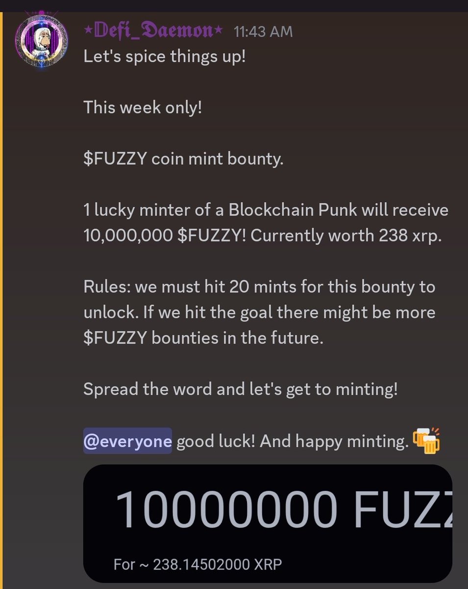 Legion of Degens (@legionofdegens) on Twitter photo New mint bounty has been added to the Blockchain Punks.
This week only!
10 million $FUZZY up for grabs!
Will you be the lucky minter? New mint bounty has been added to the Blockchain Punks.
This week only!
10 million $FUZZY up for grabs!
Will you be the lucky minter?