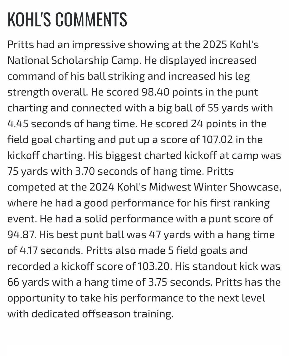 Jackson Pritts (@jacksonpritts08) on Twitter photo Blessed to be upgraded to a 4.5 star Kicker/Punter following the Kohls National Camp!
<a href="/CoachEckloff/">Coach Eckloff</a>
<a href="/dupontmanualfb/">dupontmanualfootball</a>
<a href="/ManualAthletics/">Manual Athletics</a>
<a href="/KamSmith_24/">Kameron Smith Sr.</a>
<a href="/KohlsKicking/">Kohl's Kicking Camps</a> Blessed to be upgraded to a 4.5 star Kicker/Punter following the Kohls National Camp!
<a href="/CoachEckloff/">Coach Eckloff</a>
<a href="/dupontmanualfb/">dupontmanualfootball</a>
<a href="/ManualAthletics/">Manual Athletics</a>
<a href="/KamSmith_24/">Kameron Smith Sr.</a>
<a href="/KohlsKicking/">Kohl's Kicking Camps</a>
