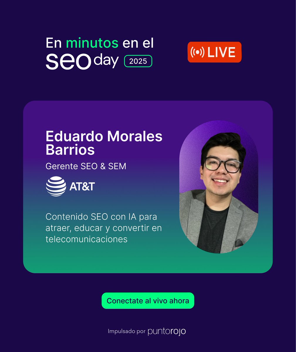 📡 En instantes, Eduardo Morales Barrios, Gerente SEO &amp; SEM en <a href="/ATTMx/">AT&T Mx</a>:

Desde el corazón del sector telecomunicaciones, un recorrido por cómo escalar, automatizar y optimizar sin perder calidad ni posicionamiento.

Sumate ahora mismo:
lnkd.in/dywivcKK