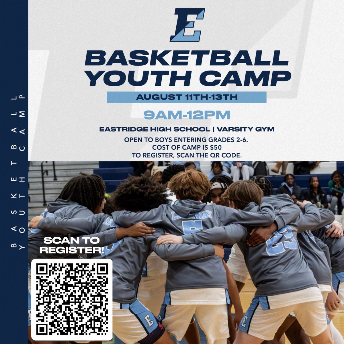 Eastridge Athletics (@eridgelancers) on Twitter photo 🏀 Eastridge Youth Boys Basketball Camp 🏀
📅 August 11–13
⏰ 9AM–12PM
📍 Varsity Gym, Eastridge HS
💵 $50 (Cash, Check, or Venmo — due at drop-off)
🎒 Students entering grades 2–6
📝 Register by 9AM on August 11th using the link below or scan the QR code
<a href="/EICSD/">East Irondequoit CSD</a> <a href="/EastridgeHoops/">Eastridge Boys Basketball</a> 🏀 Eastridge Youth Boys Basketball Camp 🏀
📅 August 11–13
⏰ 9AM–12PM
📍 Varsity Gym, Eastridge HS
💵 $50 (Cash, Check, or Venmo — due at drop-off)
🎒 Students entering grades 2–6
📝 Register by 9AM on August 11th using the link below or scan the QR code
<a href="/EICSD/">East Irondequoit CSD</a> <a href="/EastridgeHoops/">Eastridge Boys Basketball</a>