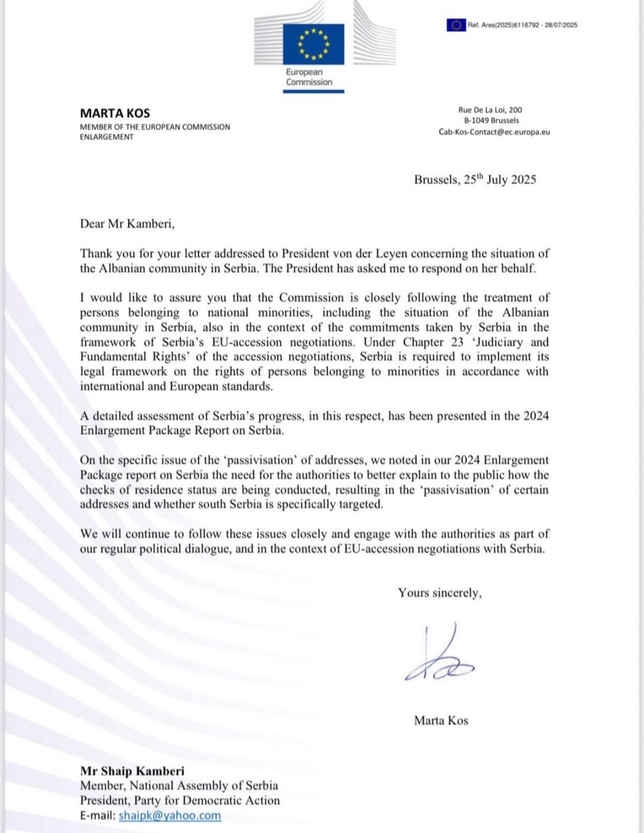 On behalf of the President of the 🇪🇺 <a href="/vonderleyen/">Ursula von der Leyen</a>, Marta Kos has sent a letter to the only Albanian 🇦🇱 MP in 🇷🇸 Shaip Kamberi.  
The EU noted in the 2024 Enlargement Package report on 🇷🇸, for the gov to better explain the public how the checks of residence status are being done.