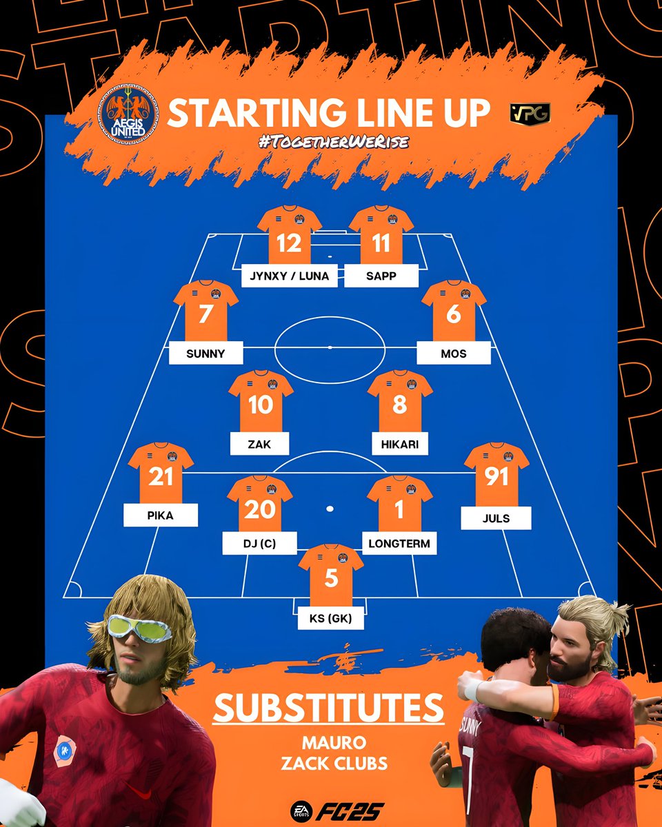 Tonight’s STARTING XI is HERE 📋

MATCHDAY 2 of <a href="/VPGEurope/">Virtual Pro Gaming | Europe</a> see’s a league debut for Hikari in the middle of the park. Also a couple more changes to be seen throughout💪🏻

Up the Aegis.

🎥 twitch.tv/michaelrumble_ 

#TogetherWeRise🛡️ #FC25 #Esports