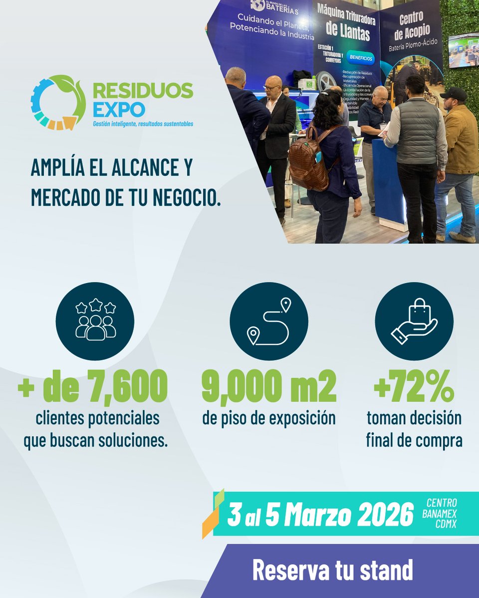 No basta con tener la solución, hay que mostrarla al mercado. Asegura tu stand y conecta con empresas, gobiernos y compradores clave.

🔍 Visita bit.ly/4kt58tl para más información.

#sustentabilidad #residuos #sostenibilidad #medioambiente #RESIDUOSEXPO2026