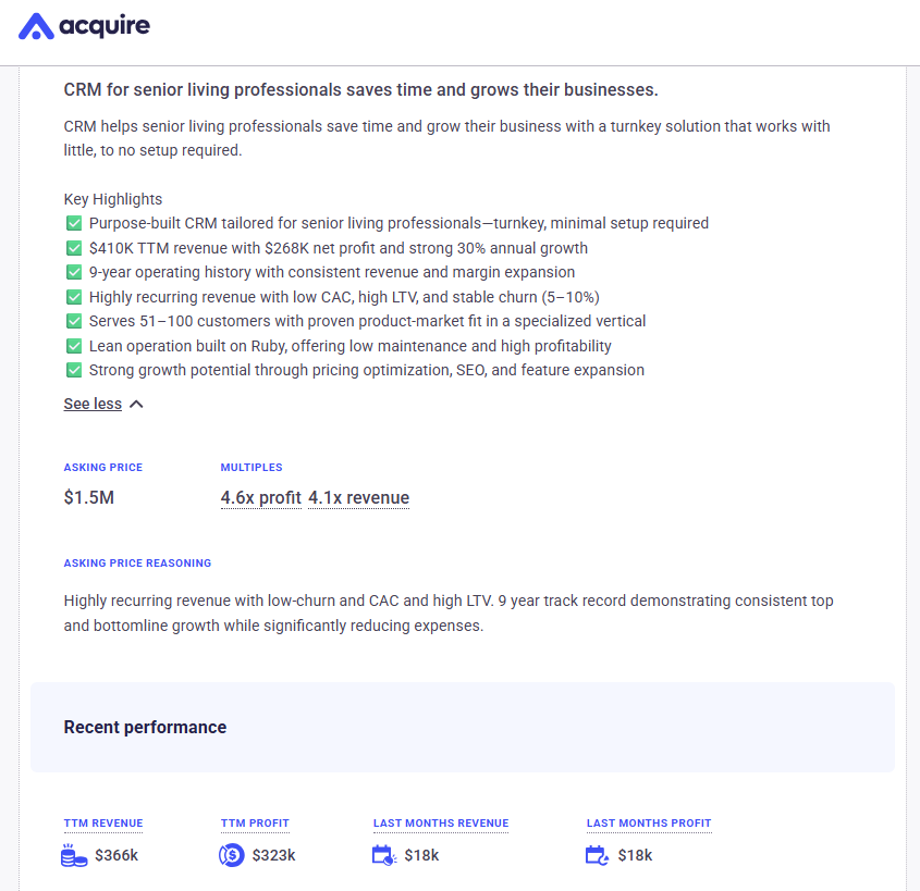 Andrew Gazdecki (@agazdecki) on Twitter photo New cool listing on <a href="/acquiredotcom/">acquire.com</a>. B2B niche CRM for senior living professionals. Recurring revenue in a niche that no one’s fighting over.
Here's the details:
> $366K TTM revenue
> $323K TTM profit
> 30% YoY growth
> Low churn, high LTV
> 9 years running
> Zero debt
Purpose New cool listing on <a href="/acquiredotcom/">acquire.com</a>. B2B niche CRM for senior living professionals. Recurring revenue in a niche that no one’s fighting over.
Here's the details:
> $366K TTM revenue
> $323K TTM profit
> 30% YoY growth
> Low churn, high LTV
> 9 years running
> Zero debt
Purpose