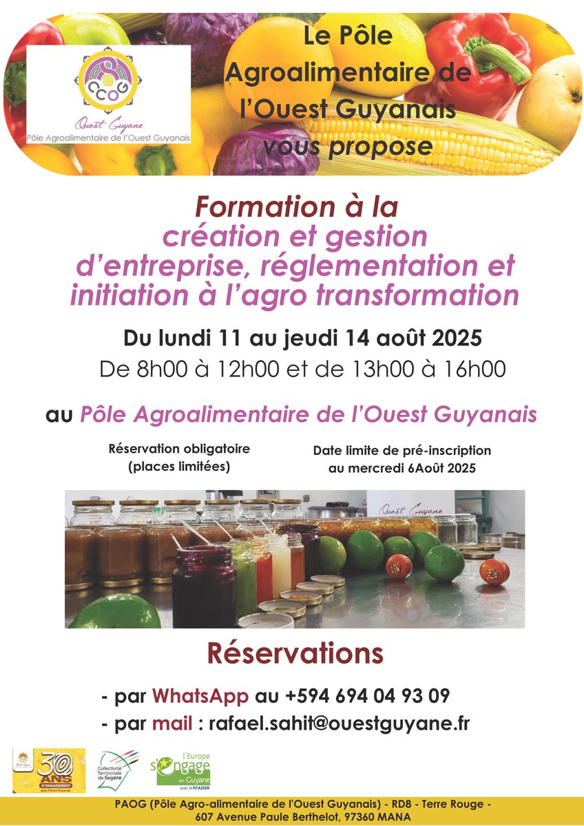 📣 #OuestGuyane | Le PAOG vous donne RDV pour sa formation d’août !
🗓 Du 11 au 14 août 2025
📍 RD8 à Mana (en face de la MFR)

💡 Création d’entreprise, réglementation, agrotransformation
🎓 Gratuit – Places limitées – Inscription obligatoire
<a href="/ccouestguyane/">Ouest Guyane</a> <a href="/EuropeEnGuyane/">Europe en Guyane</a>