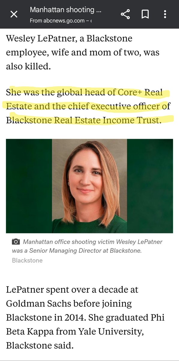 WHY DIDN'T Y'ALL TELL ME?!?!
They're avoiding any focus on the fact that she was a CEO, referring to her as an "employee" and "part of the Blackstone family."