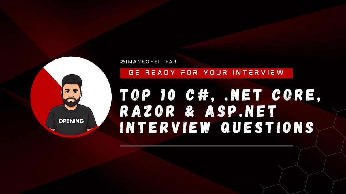 iman_soheilifar's tweet image. Top 10 C#, .NET Core, Razor & ASP.NET Interview Questions with Full Code Examples (2025)
Watch the full video on my YouTube
youtu.be/T_71KBVYEZE
#dotnet #CSharpInterview #dotnetcore #aspnetcore #RazorPages #mvc #codinginterview #softwareengineering