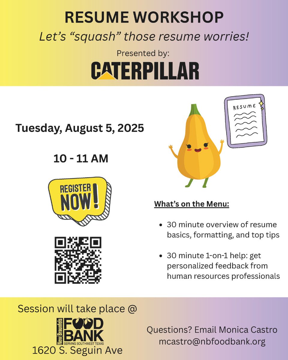 nbtxfoodbank's tweet image. Need help with your resume? Join our FREE Resume Workshop presented by CATERPILLAR!

📅 Tues, Aug 5 | 🕙 10–11 AM
📍 New Braunfels Food Bank
📧 Questions? mcastro@nbfoodbank.org

#NewBraunfels #ResumeHelp #CareerSupport #NBFoodBank #FreeWorkshop