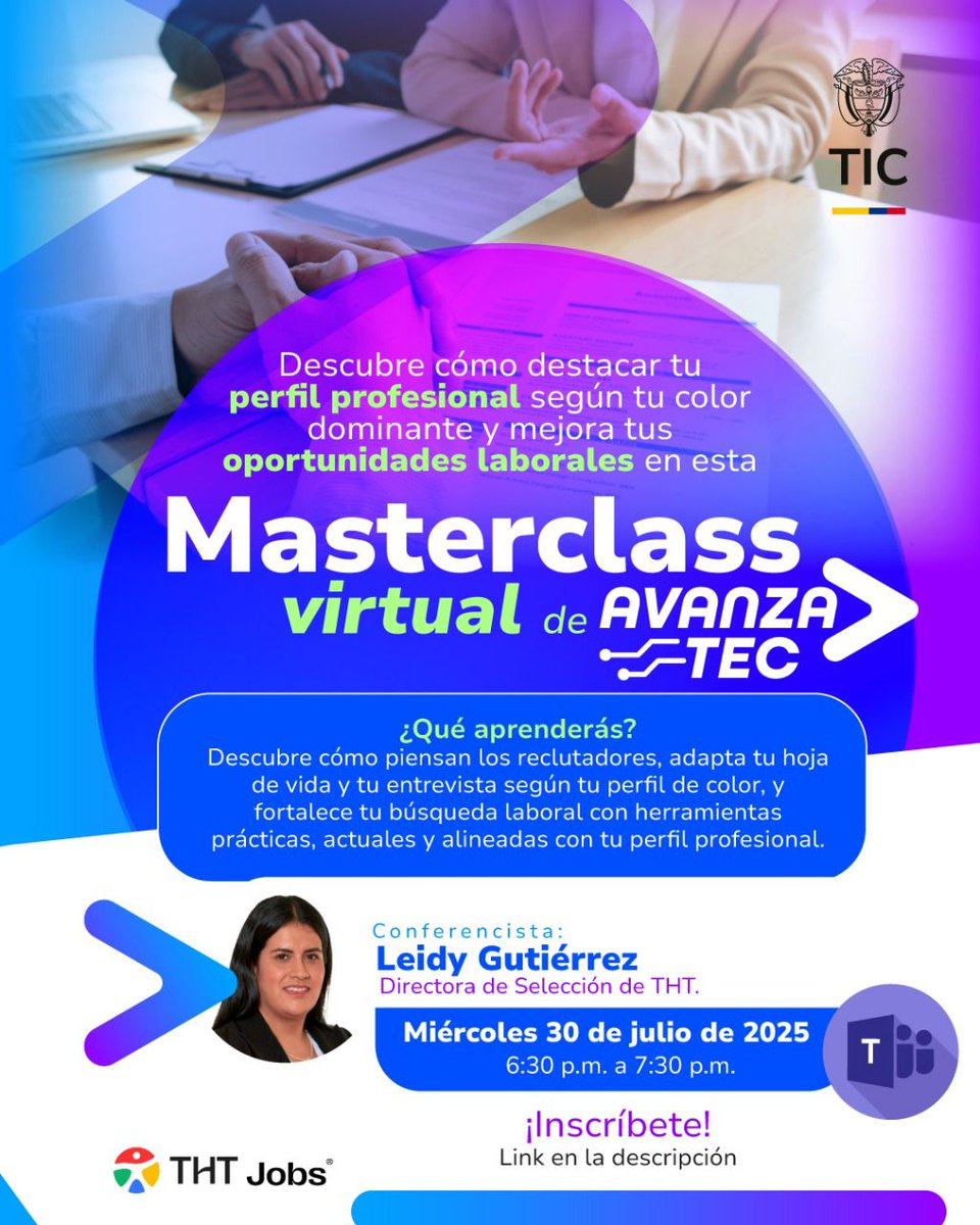 Talento Digital MinTIC (@talentodigcol) on Twitter photo 🎯 Descubre tu color dominante y cómo puede ayudarte a destacar en procesos de selección.
Únete a la Masterclass #AvanzaTEC con el <a href="/Ministerio_TIC/">Ministerio TIC</a> y THT Jobs:
🧠 Tips de reclutadores
📄 Mejora tu CV
📅 Mié 30 julio | 🕡 6:30 p.m.
Inscríbete: 🔗 avanzatec.gov.co/720/w3-article… 🎯 Descubre tu color dominante y cómo puede ayudarte a destacar en procesos de selección.
Únete a la Masterclass #AvanzaTEC con el <a href="/Ministerio_TIC/">Ministerio TIC</a> y THT Jobs:
🧠 Tips de reclutadores
📄 Mejora tu CV
📅 Mié 30 julio | 🕡 6:30 p.m.
Inscríbete: 🔗 avanzatec.gov.co/720/w3-article…