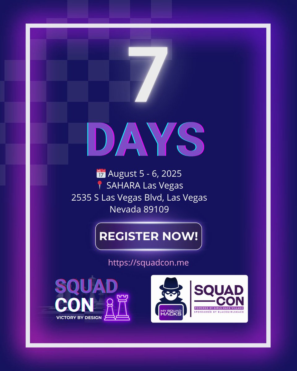 blackgirlshack's tweet photo. We’re one week out from SquadCon. Cybersecurity, community, vibes—and a pool party. You in?
📍Vegas. Aug 5–6
🎟️ https://t.co/TkDvg3qBW7
#squadcon25 #blackgirlshack #condifferently #victorybydesign https://t.co/FPRaOeNliV