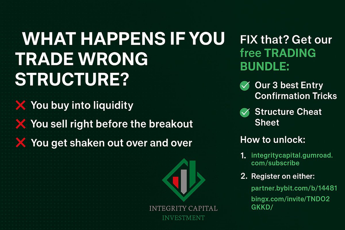 ICapital_Invest's tweet image. ❌ Wrong structure = Wrong trade
But what if you could FIX that?

We built a free trading toolkit to help you finally get it right: 

🔥 Claim it now:
1️⃣ integritycapital.gumroad.com/subscribe
2️⃣ bingx.com/invite/TNDO2GK… or partner.bybit.com/b/14481

#CryptoTools #SmartMoneyTraders #BingX #Bybit