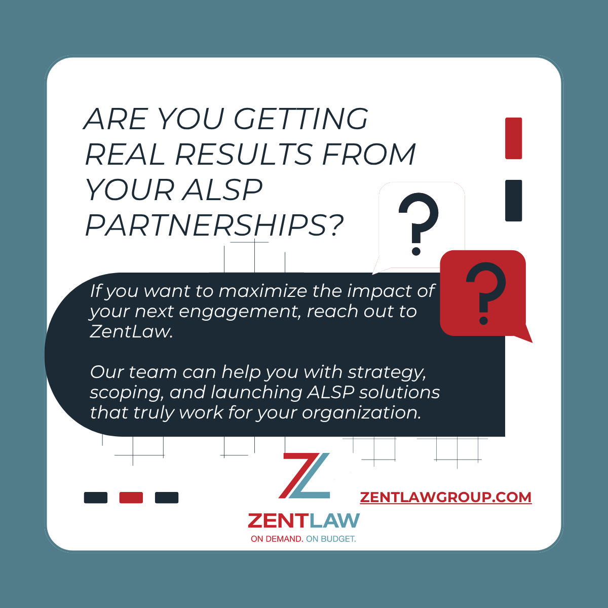 zentlaw's tweet photo. Are your ALSPs delivering real results? 

To set up your team for impact:
✅ Define essential skills &amp; experience
✅ Assign liaisons &amp; clear reporting lines
✅ Prep onboarding before day one
Build these foundations for faster integration and immediate value. Contact ZentLaw. https://t.co/6ZQr9V8COj