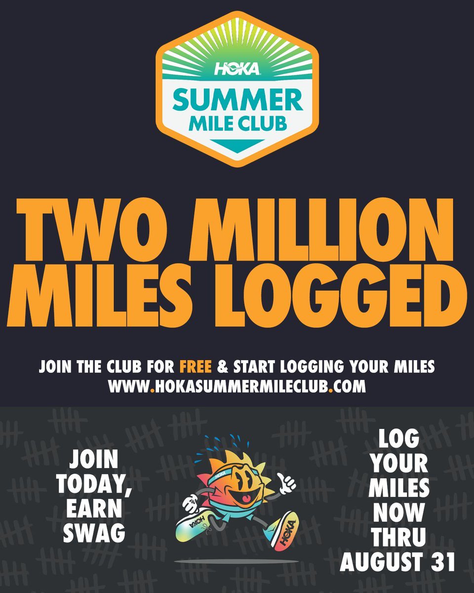 RunnerSpace (@runnerspace) on Twitter photo OH MY!
The #HOKASummerMile Club has hit TWO MILLION MILES!
Log your miles today & earn free swag!
πββοΈπββοΈβ‘οΈ HOKASummerMileClub.com OH MY!
The #HOKASummerMile Club has hit TWO MILLION MILES!
Log your miles today & earn free swag!
πββοΈπββοΈβ‘οΈ HOKASummerMileClub.com