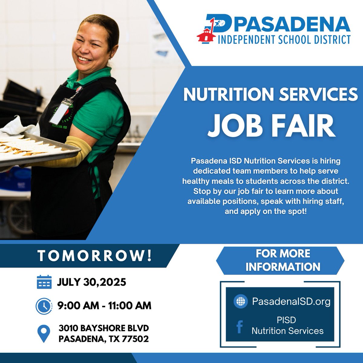 The Pasadena ISD Nutrition Services Job Fair is tomorrow! Come learn more about open positions, meet our team, and apply on the spot. Don’t miss your chance to join a department that makes a difference every day! 🍎