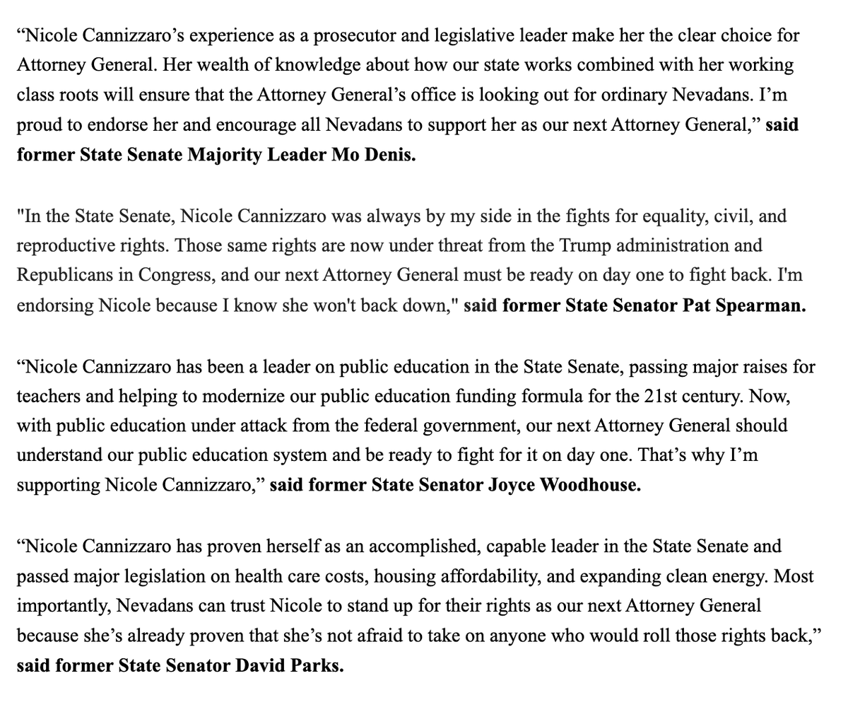 Senators Denis, Spearman, Woodhouse, and Parks each served Nevada with distinction, and I'm proud to have their endorsement for Attorney General!