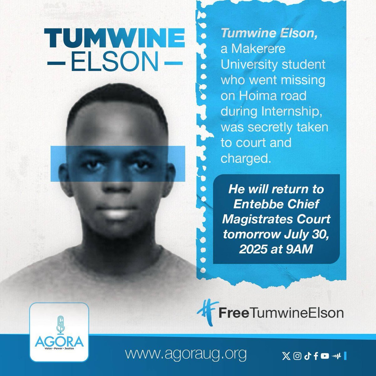 TOKO (@godwintoko) on Twitter photo Turns Elson Tumwine, the <a href="/Makerere/">Makerere University</a> student who was abducted from Hoima - where he had gone to do internship - was secretly taken to Entebbe Police post, and in the absence of his lawyers and family, charged and remanded.
Predictably, he is charged with HATE SPEECH, and MALICIOUS Turns Elson Tumwine, the <a href="/Makerere/">Makerere University</a> student who was abducted from Hoima - where he had gone to do internship - was secretly taken to Entebbe Police post, and in the absence of his lawyers and family, charged and remanded.
Predictably, he is charged with HATE SPEECH, and MALICIOUS