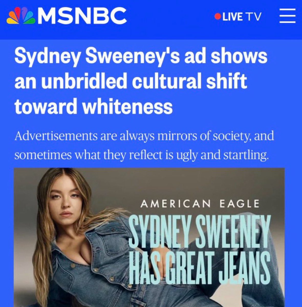 What the Sydney Sweeney ad actually shows is a cultural shift toward hot women again (thank God) 

Gone are the days of fat women and trannies accosting us with their ugliness.

Thank you Sydney Sweeney for your service 🫡🇺🇸