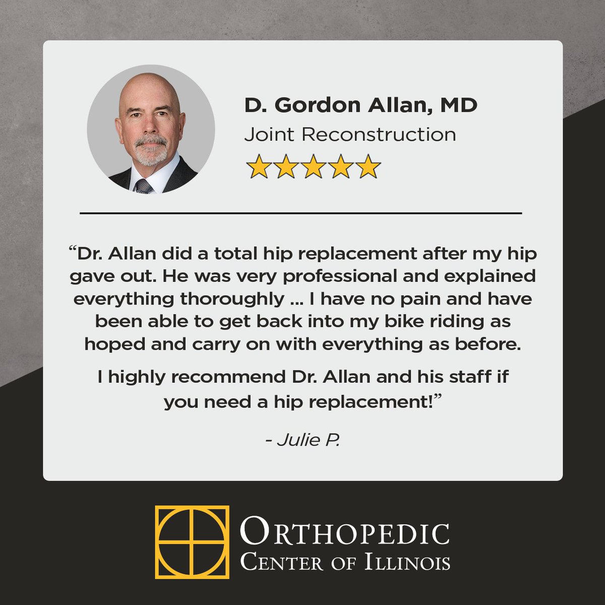#TestimonialTuesday ⭐ | We value our patients and the feedback they share! Today, we’re happy to highlight this positive comment from one of Dr. Gordon Allan’s patients:

#AskForOCI #MoveBetterLiveBetter #PatientFeedback