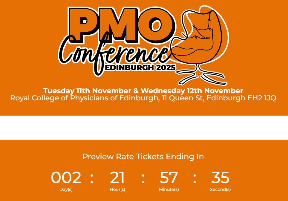 Time is ticking! Don't miss out on the best value ticket for #pmoconference in #Edinburgh this November

houseofpmo.com/pmo-conference…

#pmo #lovepmo #houseofpmo