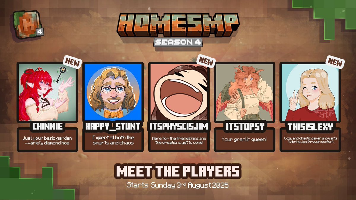 HomeSMP (@homesmp_) on Twitter photo Introducing our FIRST set of explorers joining us for #HomeSMP SEASON 4! 🎉
🌟 <a href="/X_Chinnie_X/">Chinnie ༄˖°.</a> | <a href="/HappyStunt/">Happy_Stunt</a> | <a href="/itsphysicsjim/">Jim 🌈</a> | <a href="/Topsy_l/">ItsTopsy #HomeSMP</a> | <a href="/isthislexy/">thisislexy | Lexy</a> 🌟
📅 Starting Sunday 3rd August 2025 Introducing our FIRST set of explorers joining us for #HomeSMP SEASON 4! 🎉
🌟 <a href="/X_Chinnie_X/">Chinnie ༄˖°.</a> | <a href="/HappyStunt/">Happy_Stunt</a> | <a href="/itsphysicsjim/">Jim 🌈</a> | <a href="/Topsy_l/">ItsTopsy #HomeSMP</a> | <a href="/isthislexy/">thisislexy | Lexy</a> 🌟
📅 Starting Sunday 3rd August 2025