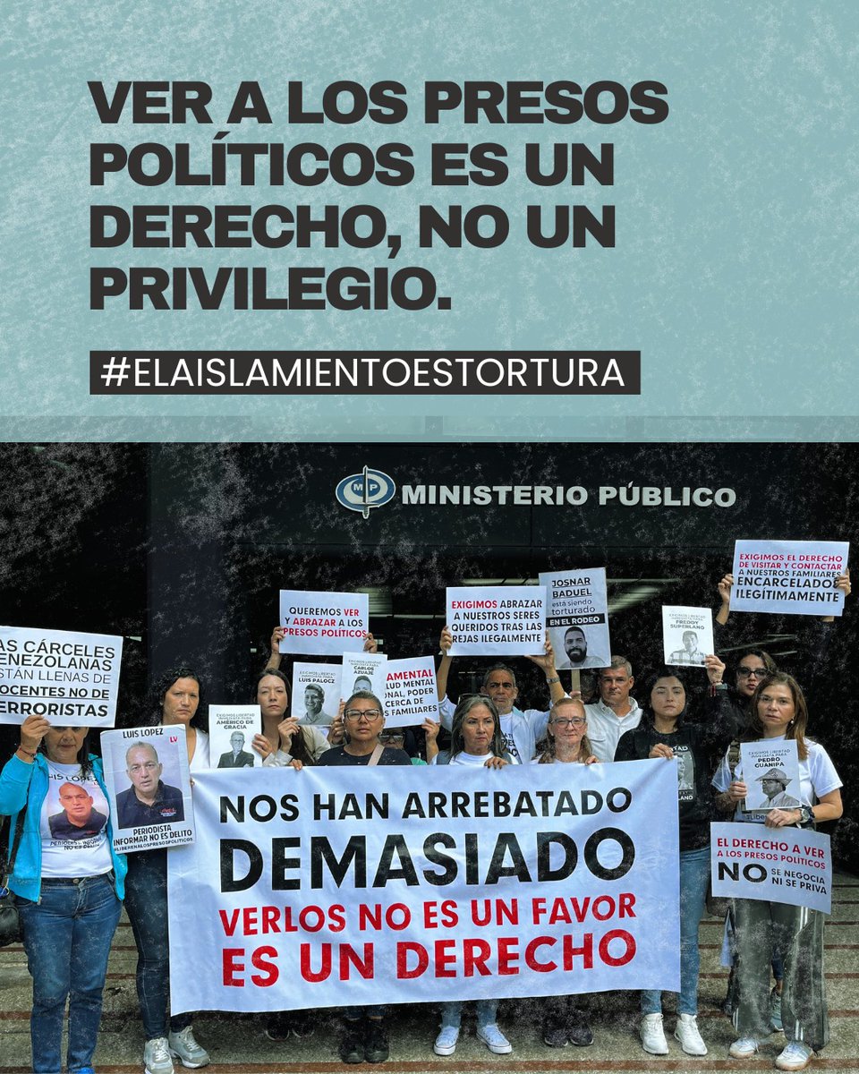 Jesús no ha podido ver a su mamá.
Yo no he podido abrazarlo.
Desde hace 7 meses está completamente incomunicado en El Helicoide.
El aislamiento no es solo su castigo.
También es el nuestro.
 Como él, hay 15 presos políticos más en la misma situación.
#ElAislamientoEsTortura
