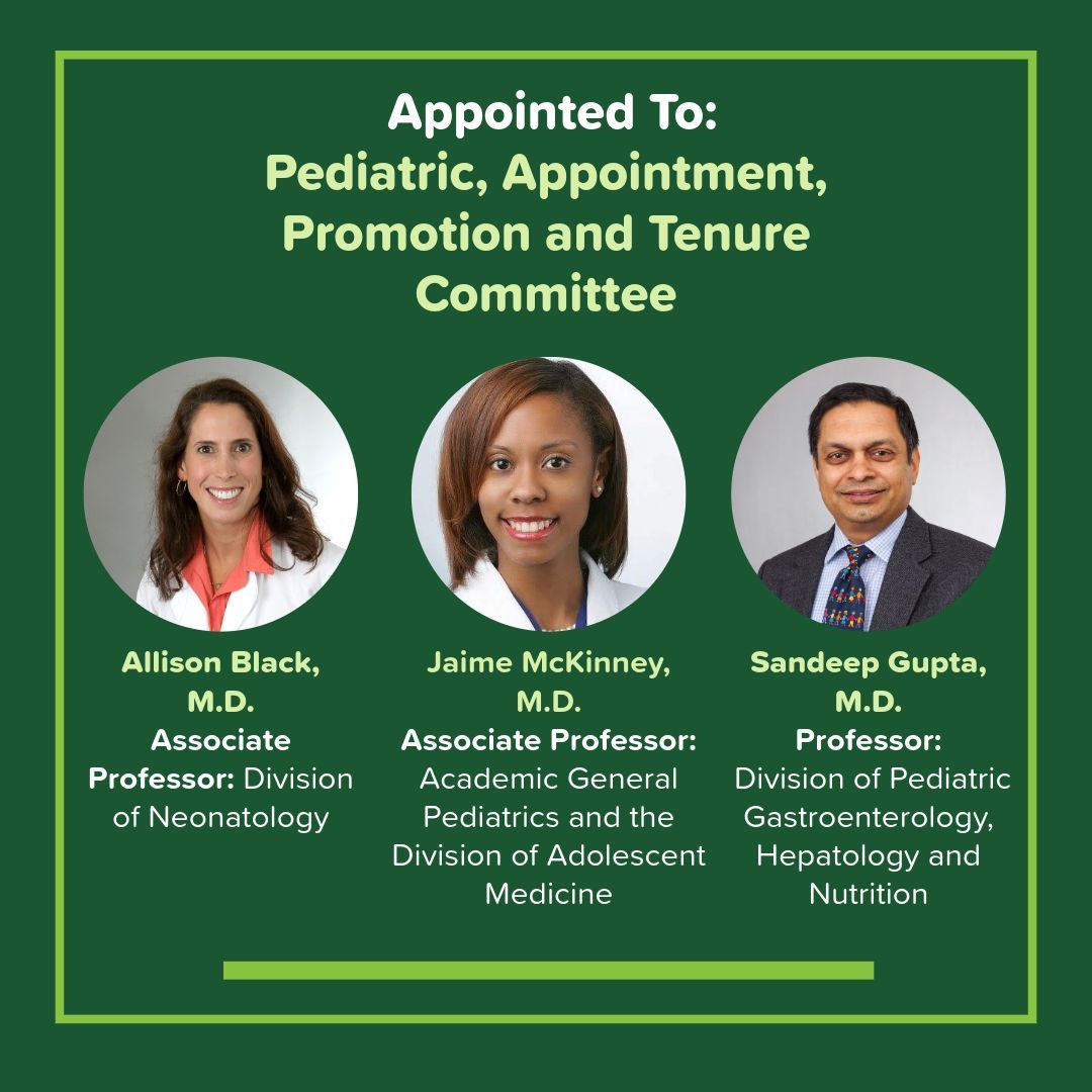 Congrats to Drs. Allison Black, Jaime McKinney and Sandeep Gupta on being elected to the Department of Pediatrics Appointment, Promotion and Tenure Committee! Thank you for your service and leadership! 🎉