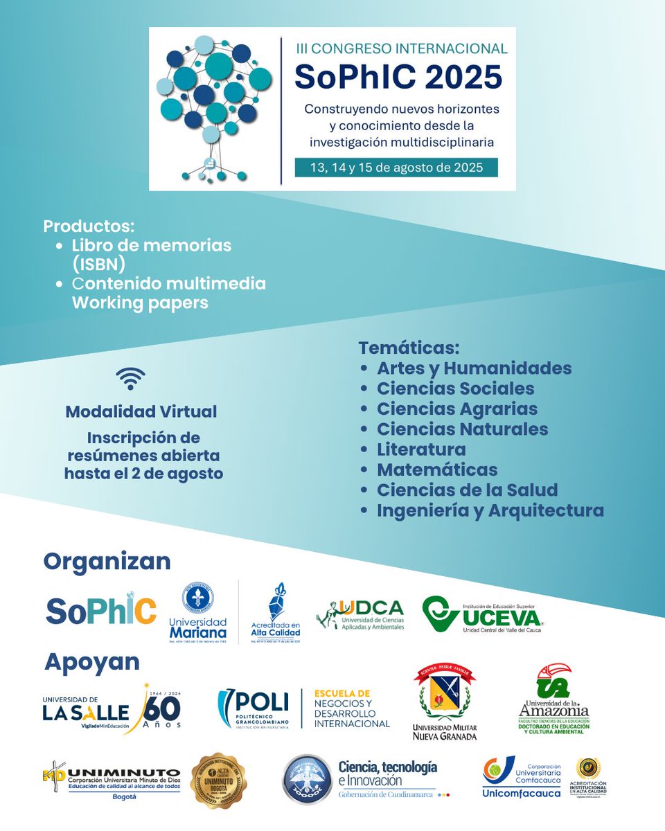 Sociedad de Doctores e Investigadores de Colombia (@sophic) on Twitter photo ¡En SoPhIC, las buenas noticias continúan!
<a href="/ucevacol/">UCEVA - Unidad Central del Valle del Cauca</a> ha confirmado su participación como institución coorganizadora del #IIICongresoSoPhIC
Agradecemos el apoyo junto a la <a href="/UMarianaPasto/">Universidad Mariana</a> y <a href="/SomosUDCA/">U.D.C.A</a> en la coorganización de este evento ¡En SoPhIC, las buenas noticias continúan!
<a href="/ucevacol/">UCEVA - Unidad Central del Valle del Cauca</a> ha confirmado su participación como institución coorganizadora del #IIICongresoSoPhIC
Agradecemos el apoyo junto a la <a href="/UMarianaPasto/">Universidad Mariana</a> y <a href="/SomosUDCA/">U.D.C.A</a> en la coorganización de este evento
