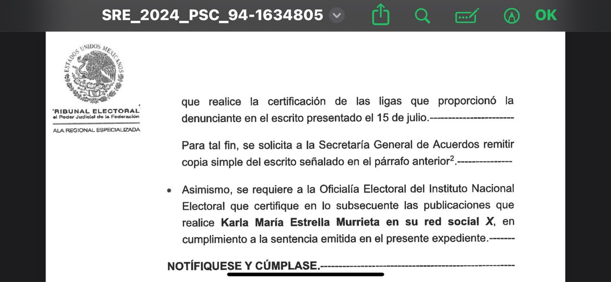 “que certifique en lo subsecuente las publicaciones que
realice Karla María Estrella Murrieta en su red social X, en
cumplimiento a la sentencia emitida en el presente expediente”

O sea: que si son 30 

El que tenga ojos para ver, que vea; el que no, que de maromas.