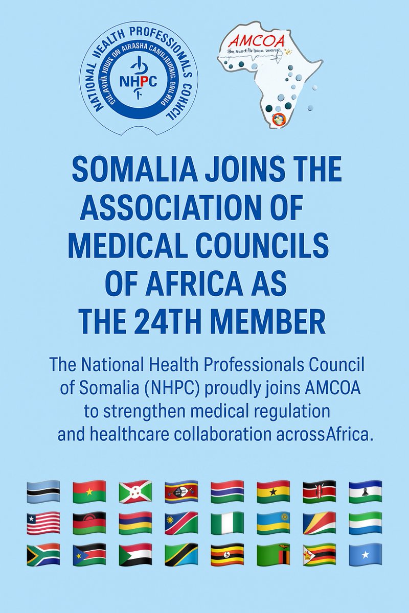 🇸🇴<a href="/NHPCSomalia/">Somali National Health Professionals Council-NHPC</a> has officially joined the Association of Medical Councils of Africa today as its 24ᵗʰ member. This marks a major step forward in advancing medical regulation, professional standards, and regional health collaboration. A proud moment for Somalia’s health sector.