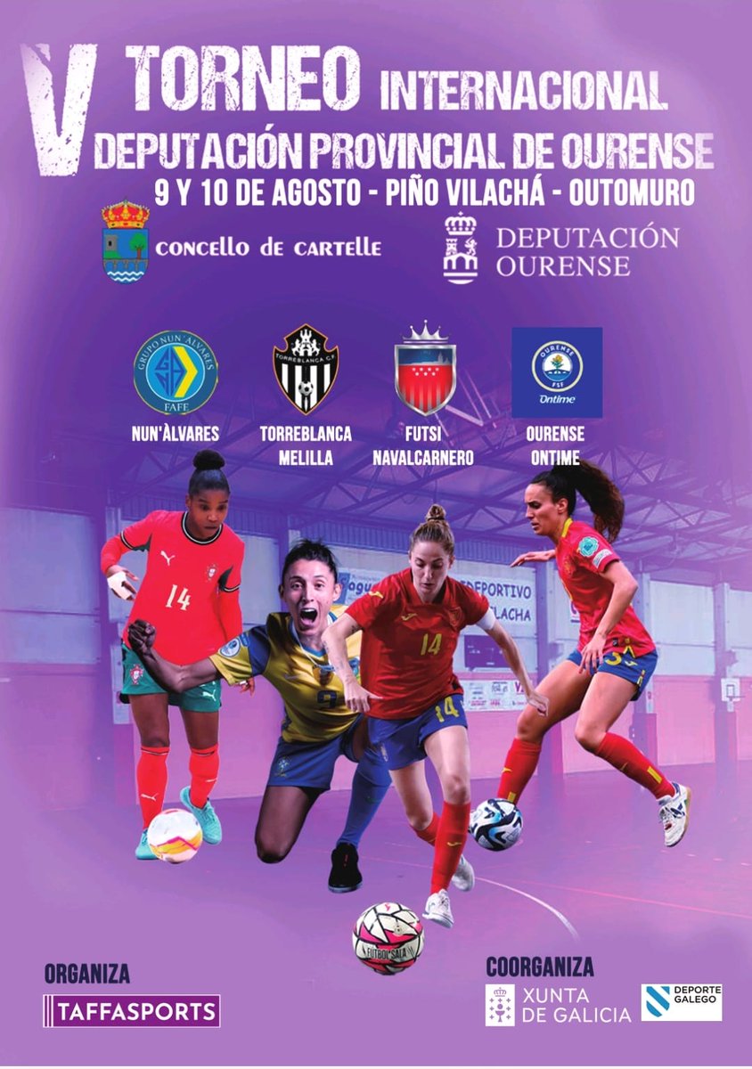 ZonaFutsal (@infozonafutsal) on Twitter photo 🟡Fútbol Sala Femenino - Torneos de Verano: V Torneo Internacional Diputación Provincial de Ourense.
🟡Equipos Participantes:
🟡GD Nun'Àlvares
🟡<a href="/TorreblancaFS1/">Melilla Ciudad del Deporte Torreblanca C.F</a>
🟡<a href="/futsi_atletico/">Futsi Atlético Navalcarnero</a>
🟡<a href="/OUontimeFSF/">Ourense Ontime FSF</a>
🟡📆: 9-10 AGO
🟡🏟️: Pinto Vilachá-Outomuro
🟡Info: <a href="/CartelleMaraton/">Maratón femenino Outomuro-Cartelle</a> 🟡Fútbol Sala Femenino - Torneos de Verano: V Torneo Internacional Diputación Provincial de Ourense.
🟡Equipos Participantes:
🟡GD Nun'Àlvares
🟡<a href="/TorreblancaFS1/">Melilla Ciudad del Deporte Torreblanca C.F</a>
🟡<a href="/futsi_atletico/">Futsi Atlético Navalcarnero</a>
🟡<a href="/OUontimeFSF/">Ourense Ontime FSF</a>
🟡📆: 9-10 AGO
🟡🏟️: Pinto Vilachá-Outomuro
🟡Info: <a href="/CartelleMaraton/">Maratón femenino Outomuro-Cartelle</a>