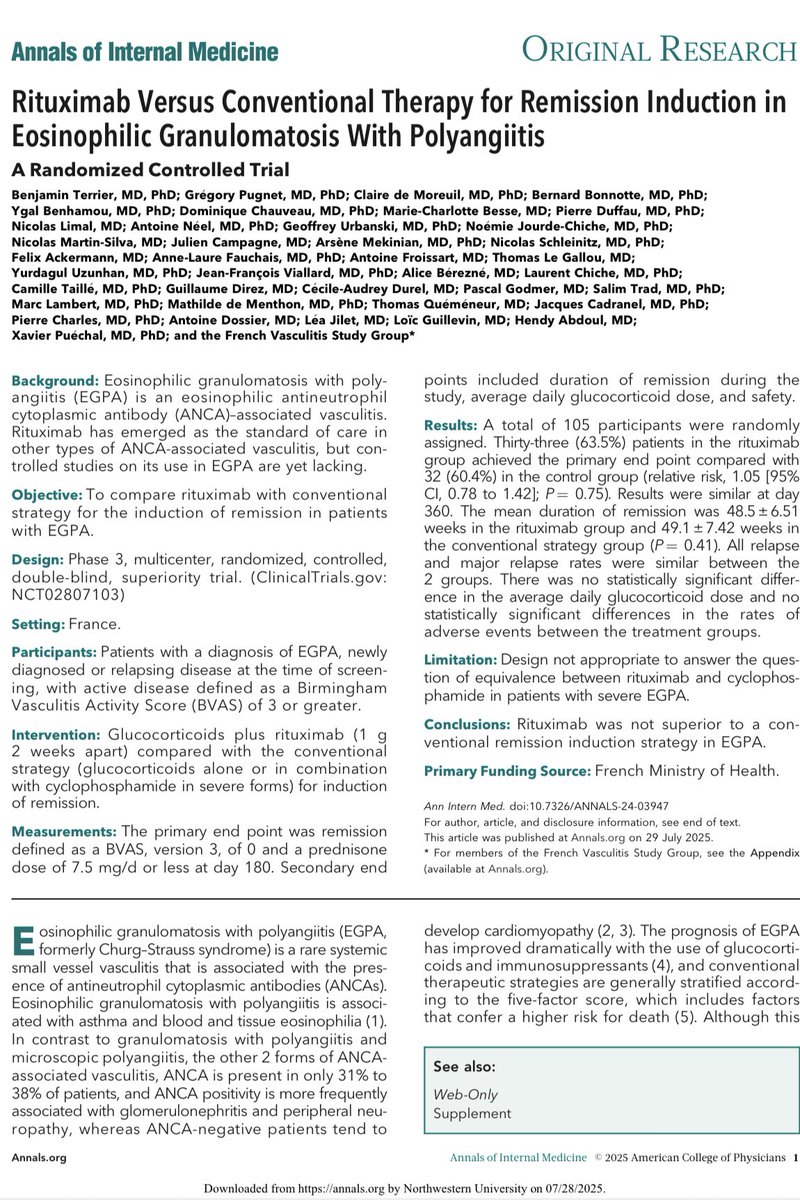 Anisha Dua (@anisha_dua) on Twitter photo REOVAS in print —>important study for INDUCTION in EGPA <a href="/TerrierBen/">Benjamin Terrier</a>
Rtx 1gx2 vs conventional tx (gc for ffs 0, cyc IV for ffs>0)
❌ RTX in non-severe dzs. ❌superior to cyc for severe dzs BUT patients did well (⬇️bvas and gc) ✅ no dif based on anca, new/relapsing status‼️ REOVAS in print —>important study for INDUCTION in EGPA <a href="/TerrierBen/">Benjamin Terrier</a>
Rtx 1gx2 vs conventional tx (gc for ffs 0, cyc IV for ffs>0)
❌ RTX in non-severe dzs. ❌superior to cyc for severe dzs BUT patients did well (⬇️bvas and gc) ✅ no dif based on anca, new/relapsing status‼️