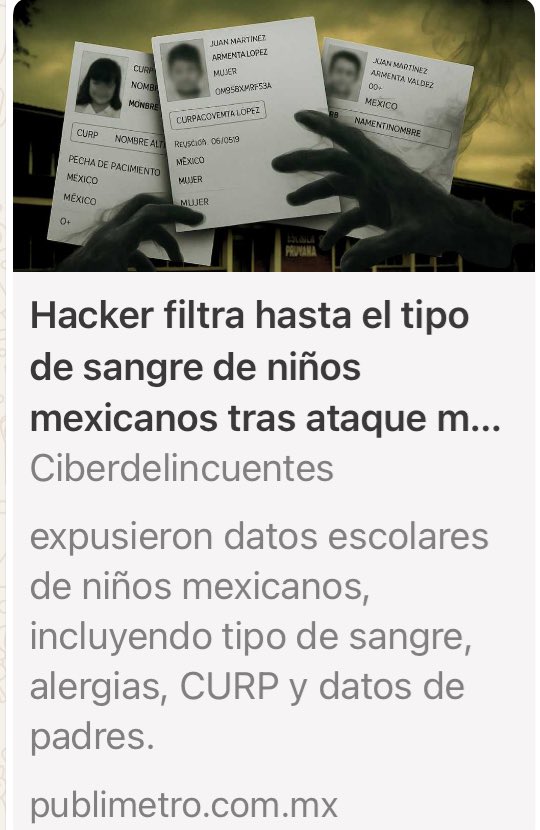 Más allá de si estamos de acuerdo con la #Curp biométrica o no, tenemos que proteger a los menores de edad…

Hace 2 semanas, el hacker conocido como #Marssepe y líder de una banda de hackers, daba testimonio de lo fácil que fue hackear en el estado de #Sonora la página oficial