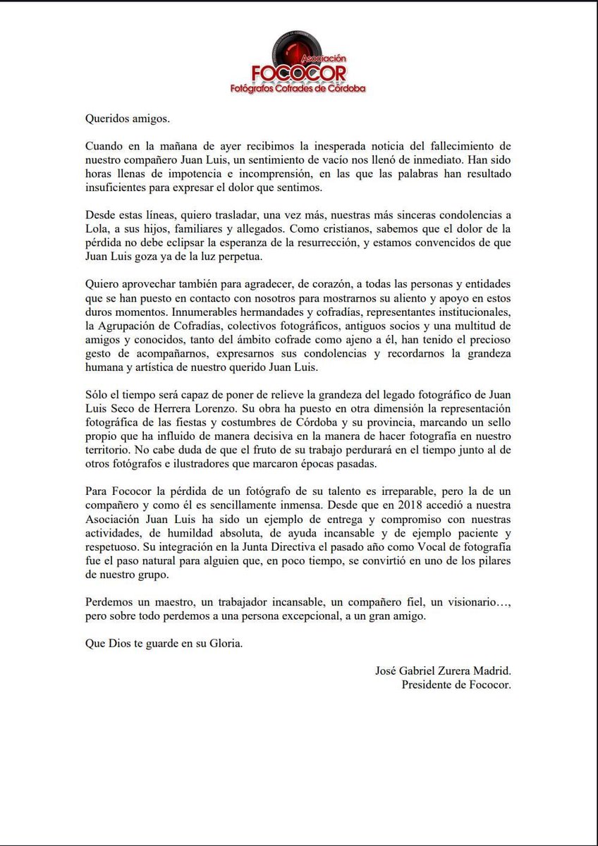 COMUNICADO OFICIAL | Condolencias por Juan Luis Seco de Herrera Lorenzo