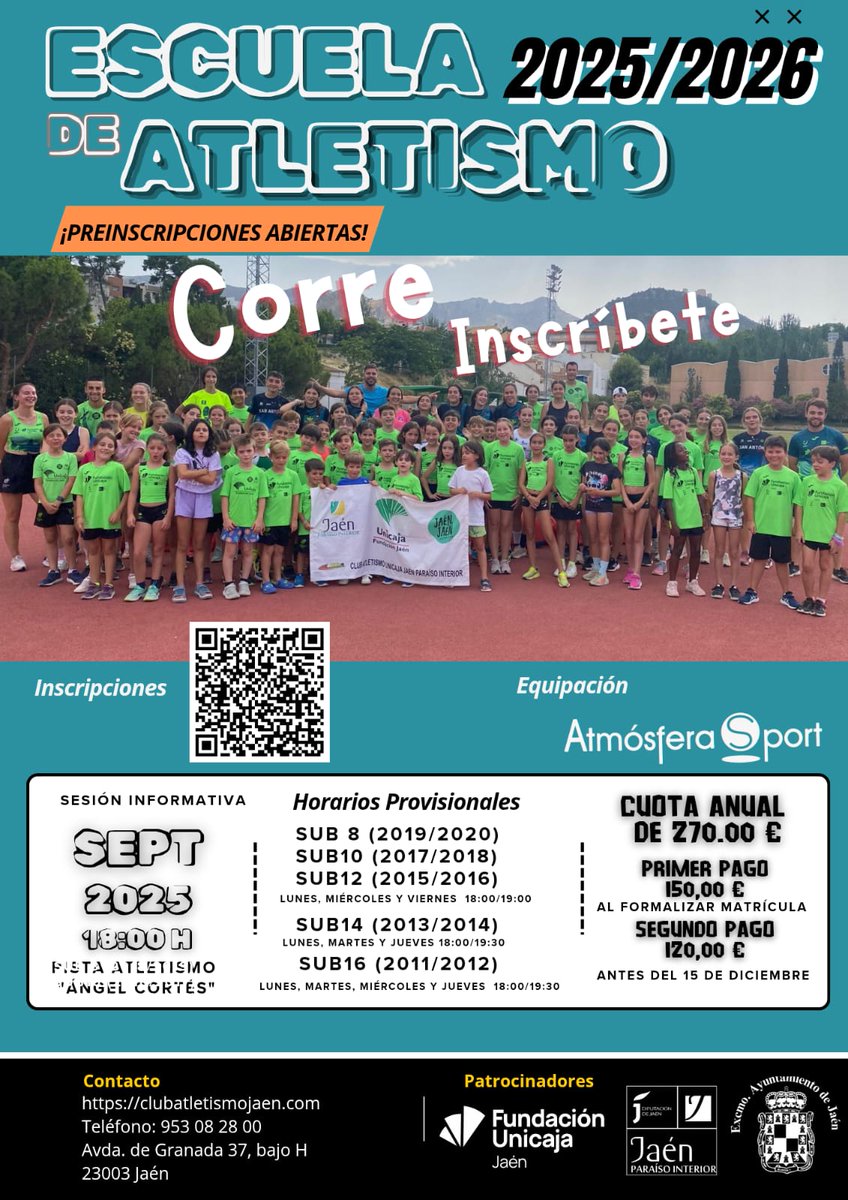 Se abre el plazo para la preinscripción en el curso 2025/2026 de nuestra escuela de atletismo. Escanea el código QR y rellena el formulario de preinscripción. 
#CorreInscríbete.