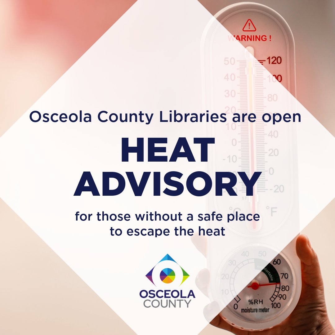 ☀️🔥 HEAT ADVISORY – OSCEOLA 🔥☀️
Temps are rising across Central FL. If you need a safe place to cool down, @osceolalibrary branches are open to all.
💧 Bring water + bottles to refill.
⚠️ Limited bottled water may be available.
📍 Find locations/hours: osceolalibrary.org/locations-hours