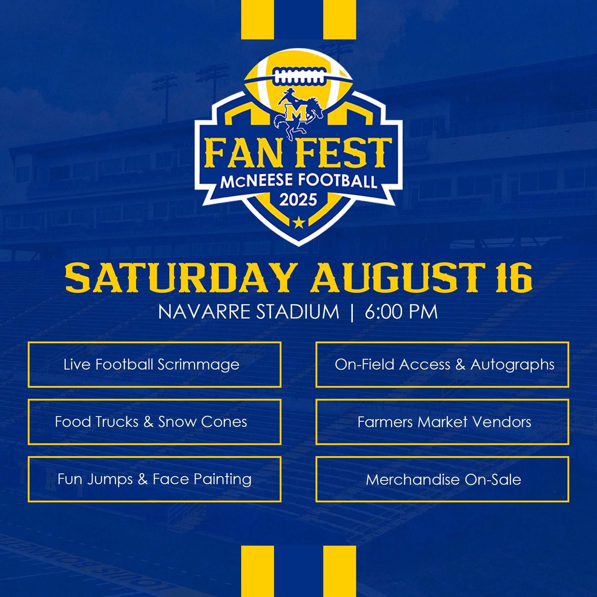 Fan Fest 2025 is coming in hot! 🔥

Scrimmage, vendors, autographs, fun jumps, and exclusive on-field access — don’t miss out! 🏈

🔗 shorturl.at/qapLC

#GeauxPokes | #StampedeSZN