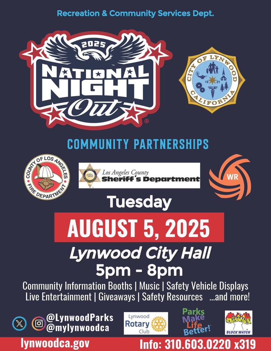 Gateway Cities Council of Governments (@gateway_cog) on Twitter photo 🚨 Join <a href="/MyLynwoodca/">City of Lynwood</a> for #NationalNightOut!
📅 Tue, Aug 5 | ⏰ 5–8 PM
📍 Lynwood City Hall
Meet local deputies & firefighters, see patrol vehicles, enjoy food, music, games & giveaways!
Build community. Boost safety. Have fun!
#CommunityFirst #StrongerTogether 🚨 Join <a href="/MyLynwoodca/">City of Lynwood</a> for #NationalNightOut!
📅 Tue, Aug 5 | ⏰ 5–8 PM
📍 Lynwood City Hall
Meet local deputies & firefighters, see patrol vehicles, enjoy food, music, games & giveaways!
Build community. Boost safety. Have fun!
#CommunityFirst #StrongerTogether