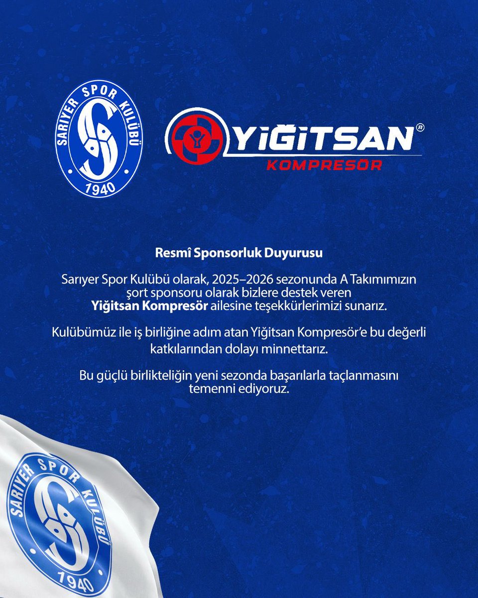 Resmî Sponsorluk Duyurusu

Sarıyer Spor Kulübü olarak, 2025–2026 sezonunda A Takımımızın şort sponsoru olarak bizlere destek veren

🤝 Yiğitsan Kompresör ailesine teşekkürlerimizi sunarız.