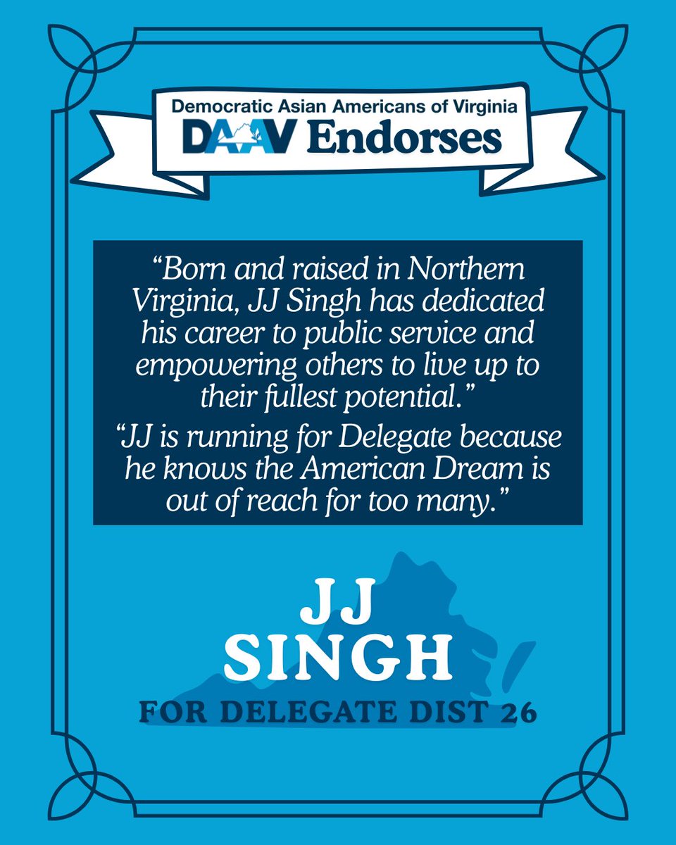 Virginia Asian Dems (@daav9) on Twitter photo DAAV is proud to endorse our Democratic VAAPIC caucus members!!
Support <a href="/SinghforVA/">Delegate JJ Singh</a> at jjsingh.com DAAV is proud to endorse our Democratic VAAPIC caucus members!!
Support <a href="/SinghforVA/">Delegate JJ Singh</a> at jjsingh.com