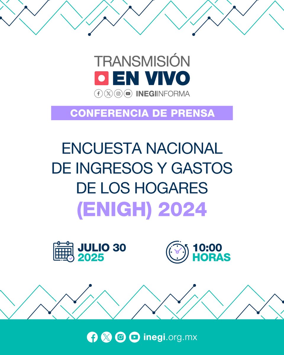 📢 ¡#Agéndalo! Sigue la transmisión #EnVivo de la presentación de resultados de la Encuesta Nacional de Ingresos y Gastos de los Hogares #ENIGH 2024.

🗓️ Julio 30
🕙 10:00 horas
🔗 youtube.com/live/kKVx6H6mC…