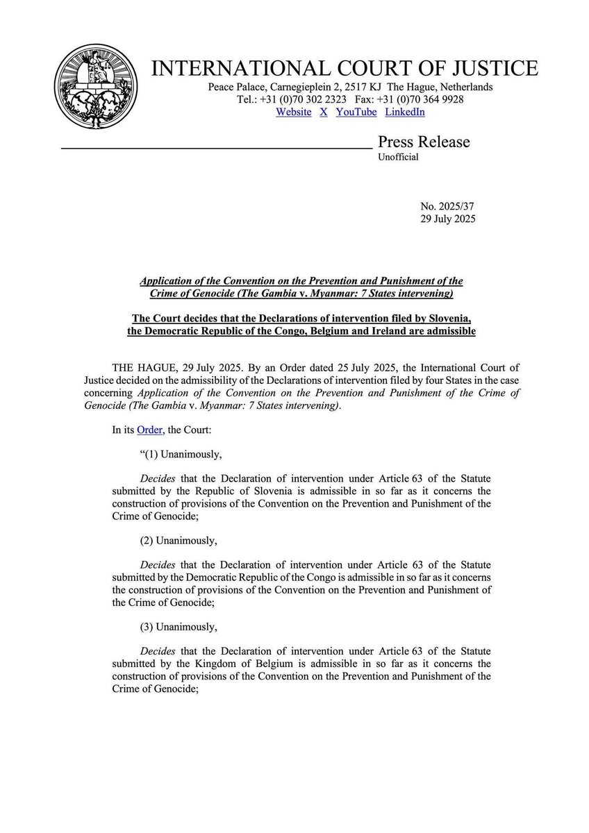 rayyan_misbahur's tweet photo. The International Court of Justice (ICJ) has officially accepted applications from Slovenia, the Democratic Republic of Congo, Belgium, and Ireland to join the #Rohingya #genocide case.
#ICJ #InternationalJustice
#JusticeForRohingya
#GenocideCase
#GlobalJustice
#Accountability https://t.co/IejB52P0wV